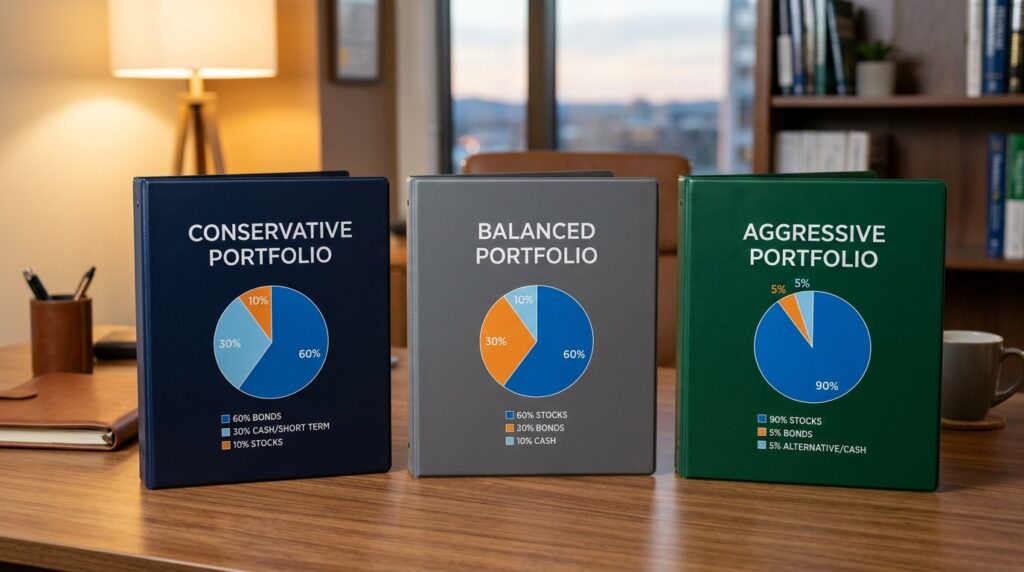 Tři příklady investičních portfolií — konzervativní, vyvážené a agresivní