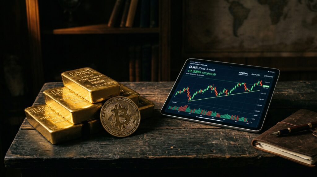 Zlato Bitcoin nebo akcie — srovnání investic v nejistotě