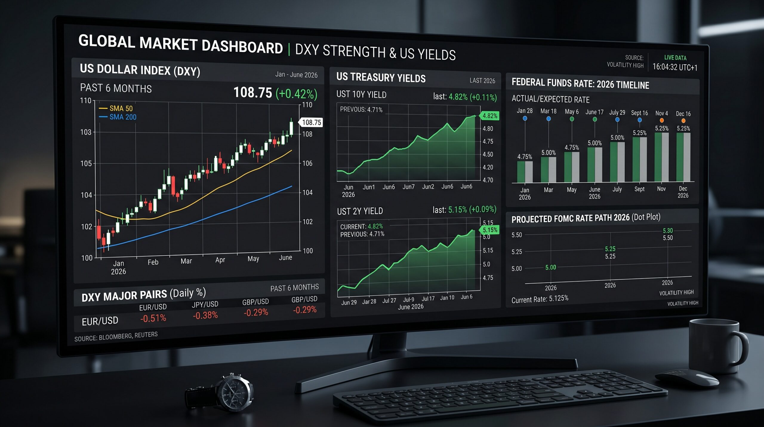 Fed sazby 2026 — reakce DXY a výnosů na změnu vedení