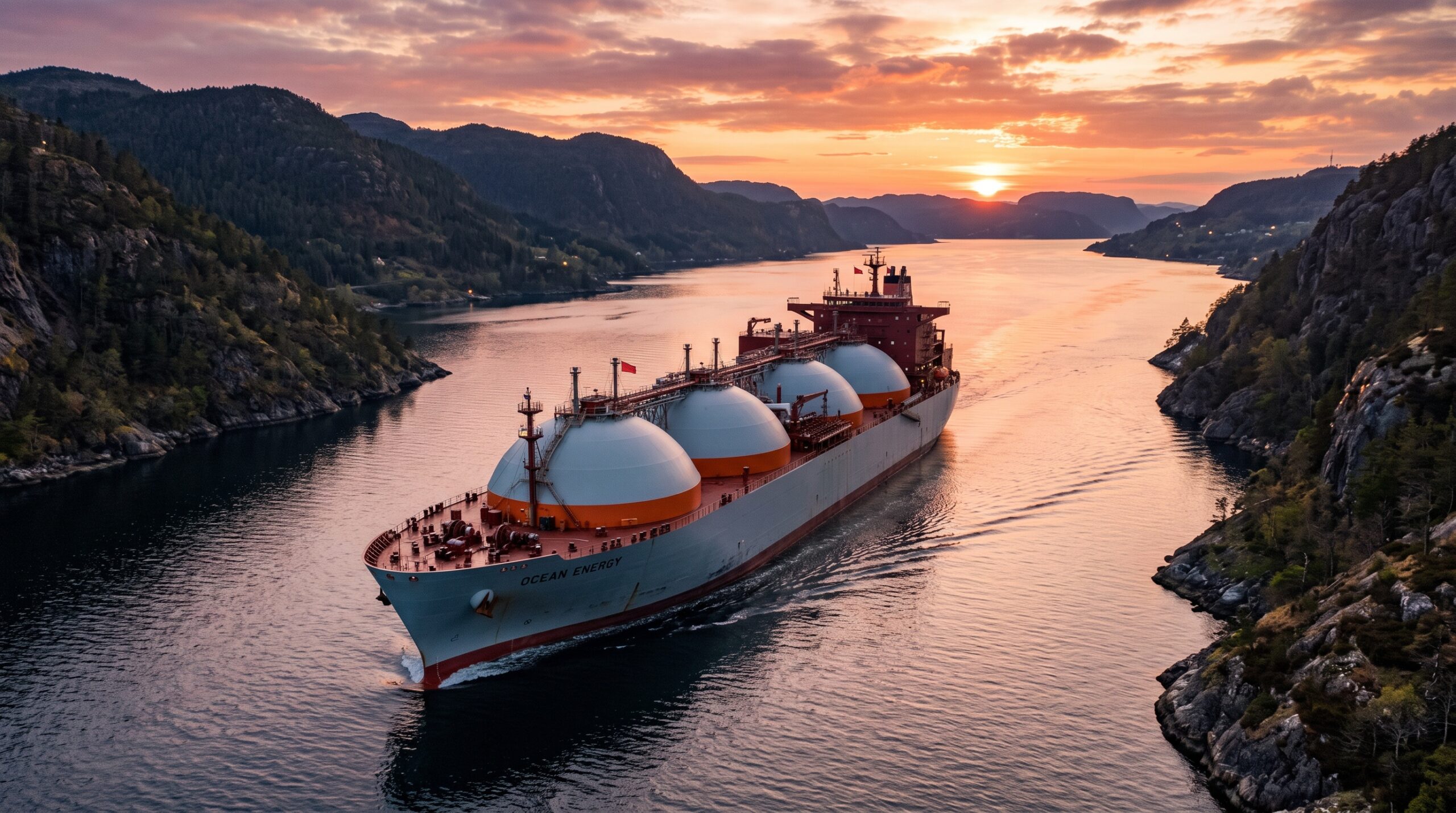 Tanker s&nbsp;LNG plující úzkým průlivem
