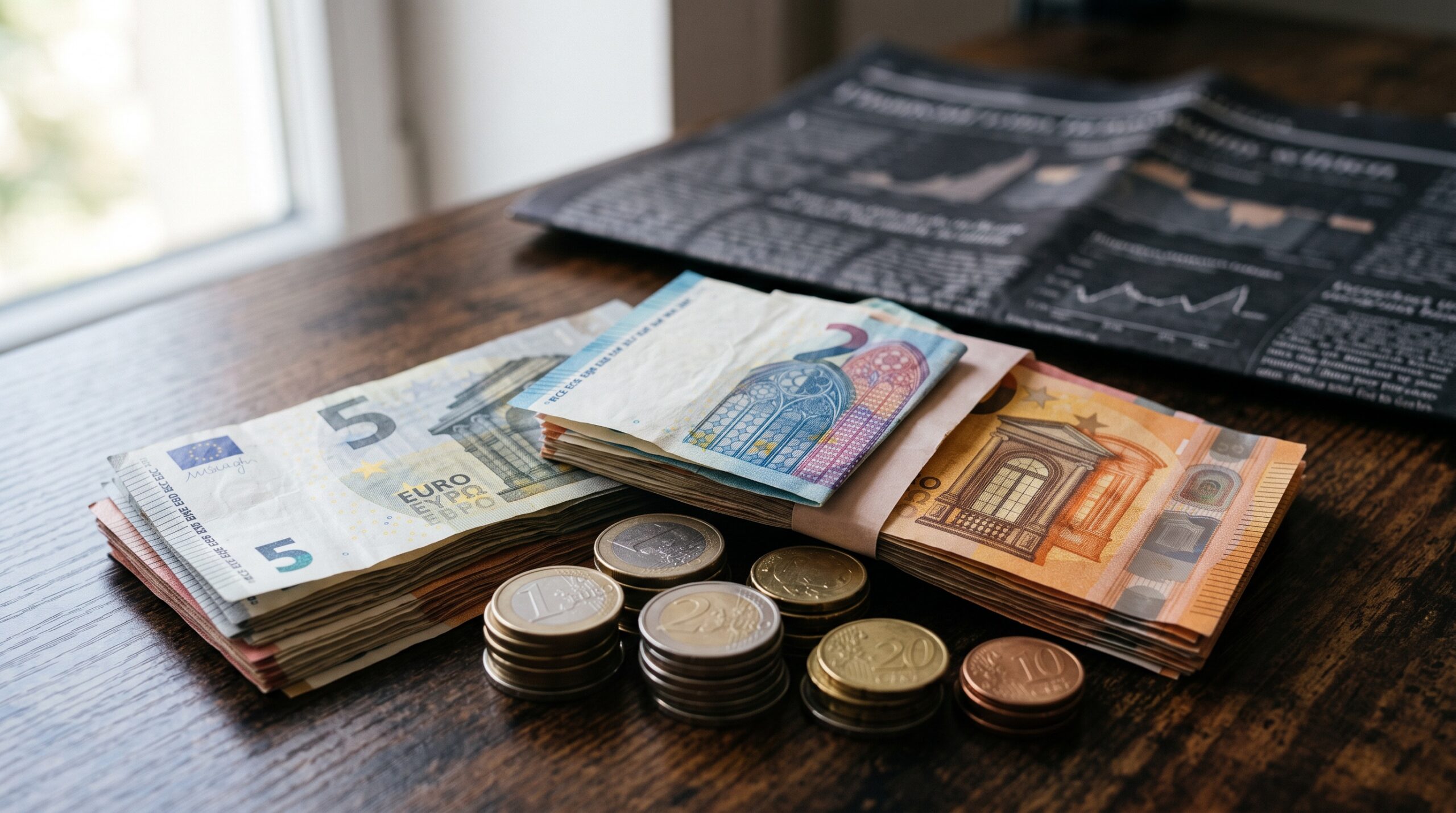 Eurové bankovky a mince symbolizující rozhodování o úrokových sazbách