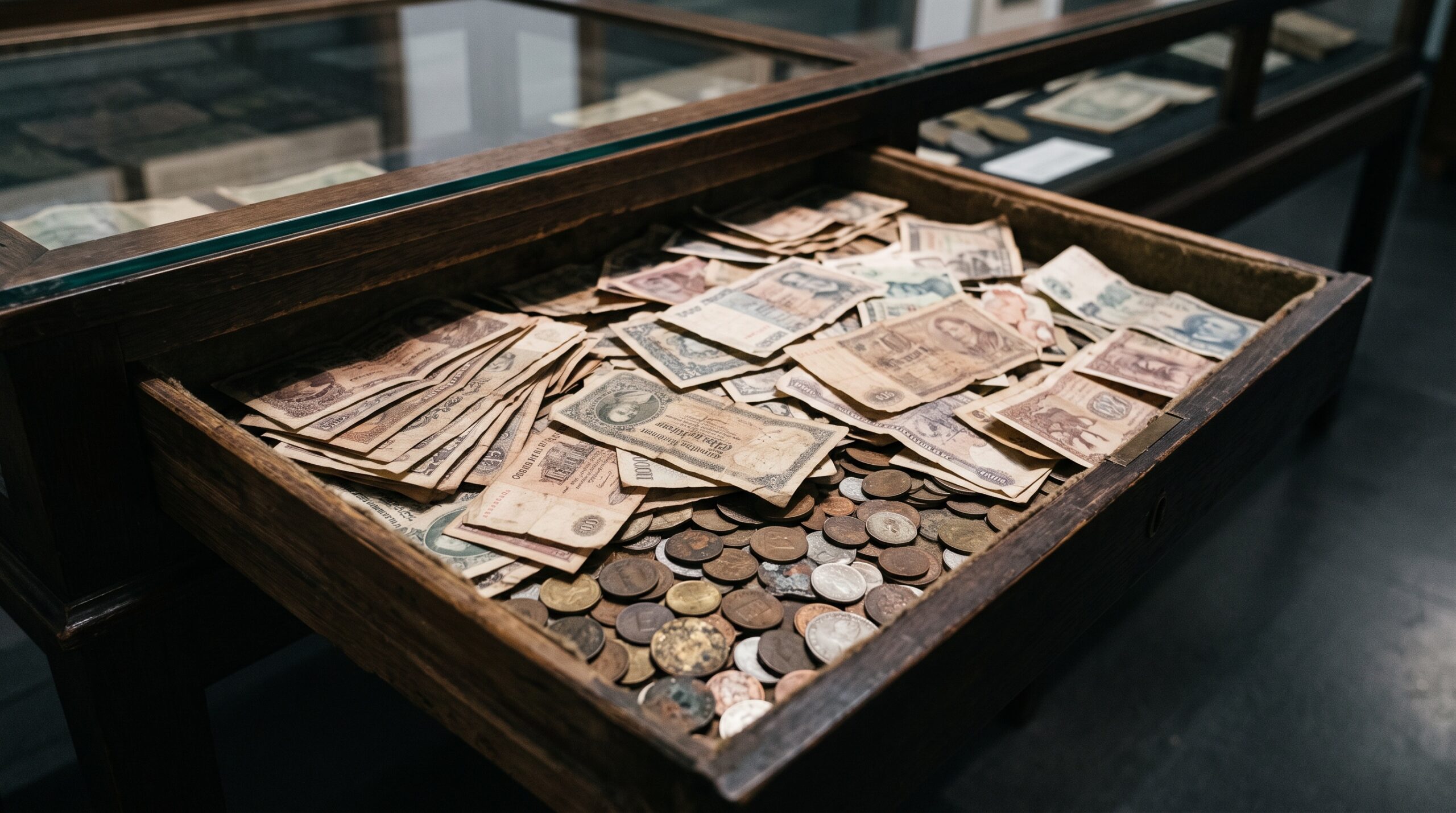 Sbírka zaniklých měn vystavená jako historický artefakt