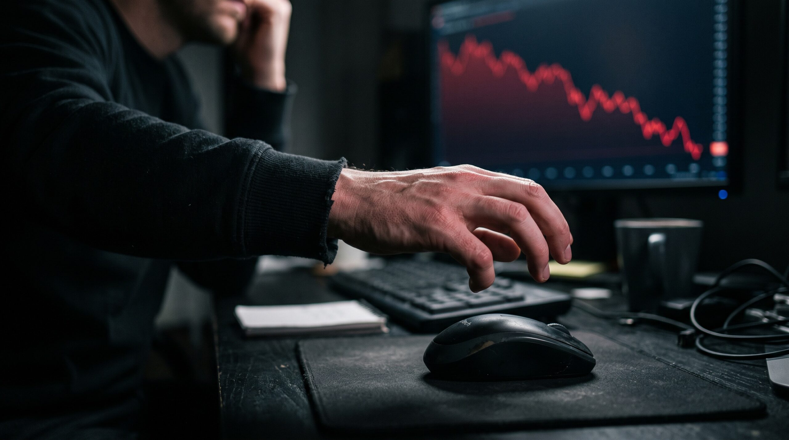 Investor váhající nad prodejem ztrátové pozice při pohledu na klesající graf