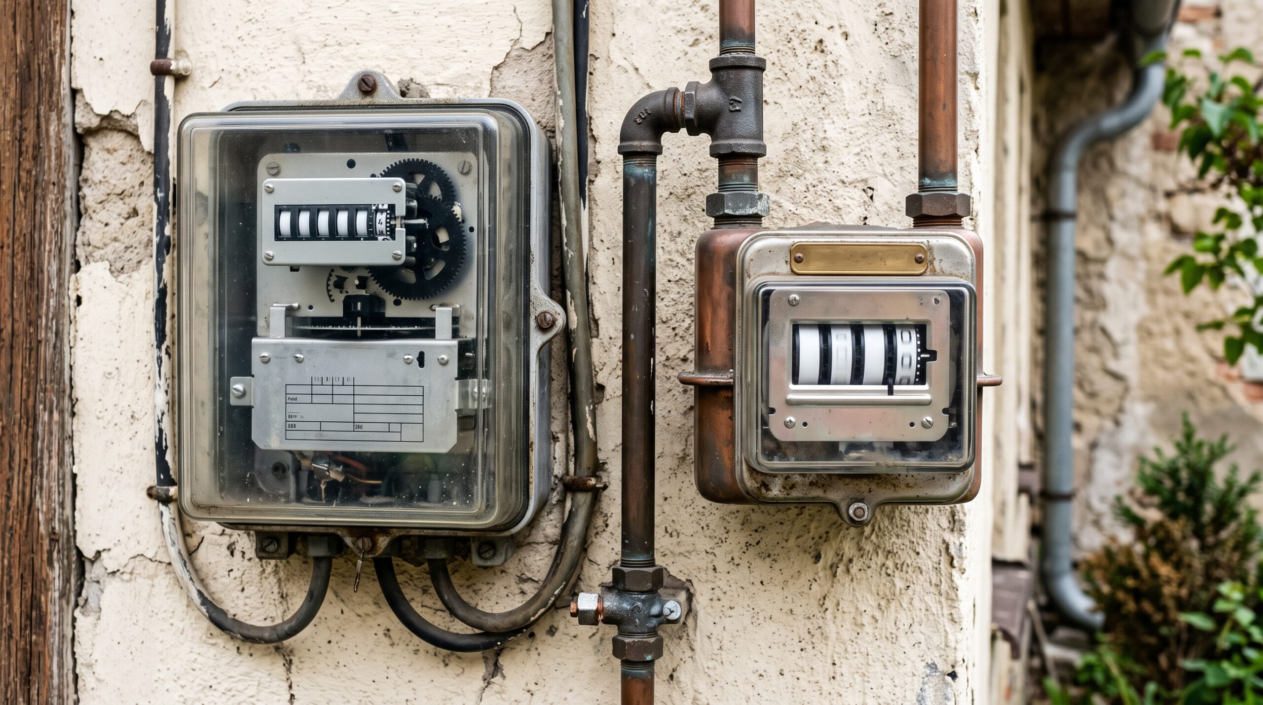 Elektroměr a plynoměr na fasádě bytového domu