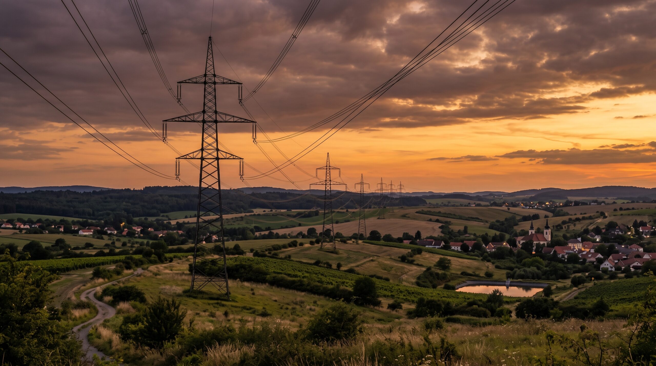 Elektrické vedení a stožáry v krajině za soumraku